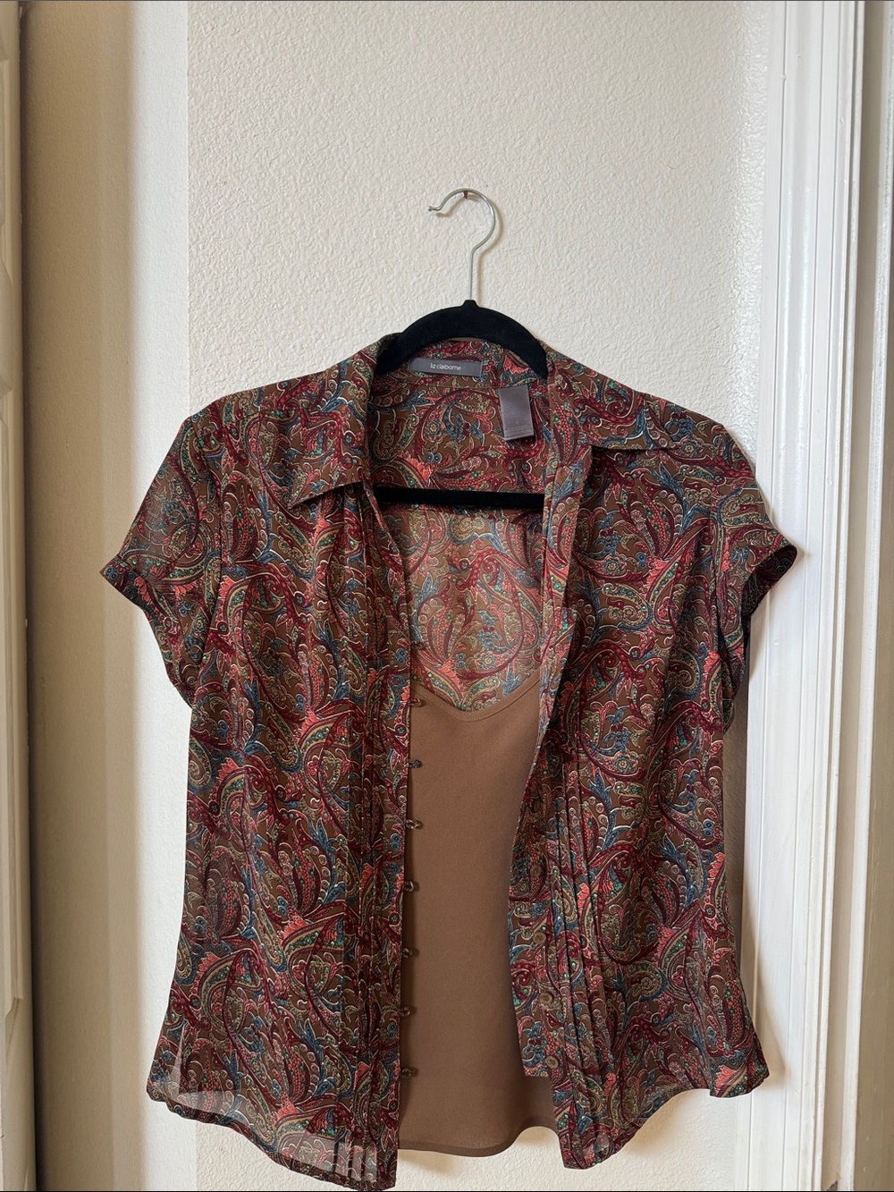 Liz Claiborne Multicolor Paisley Short-Sleeve Button-Down with Brown Tank